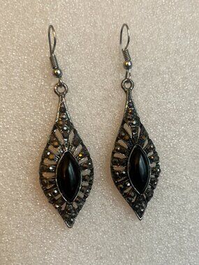 Midnight Noir Vintage Marcasite & Black Teardrop Dangle Earrings